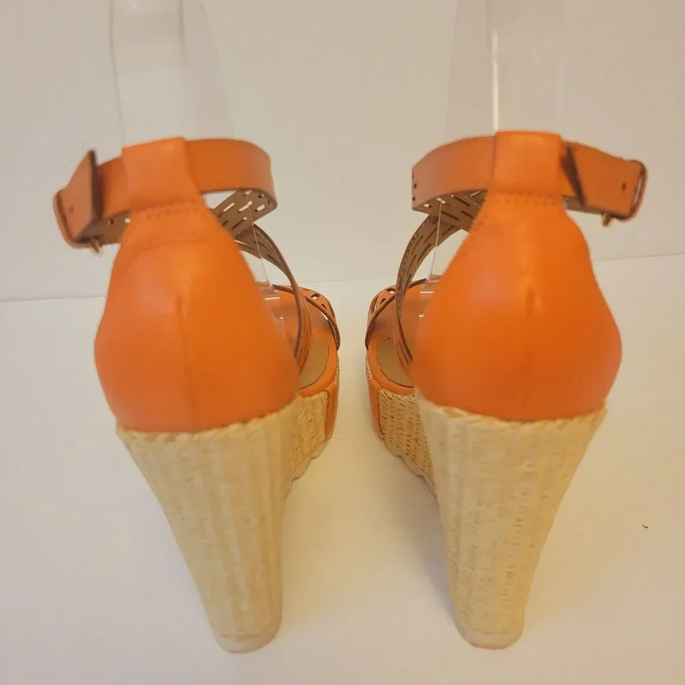 Kazar Leather Orange Straps Platform Wedge Sz 37 Women Shoes